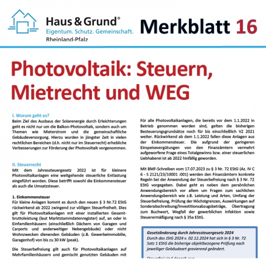 Merkblatt: Photovoltaik: Steuern, Mietrecht und WEG