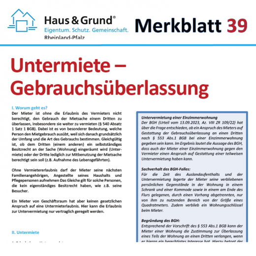 Merkblatt: Untervermietung – Gebrauchsüberlassung